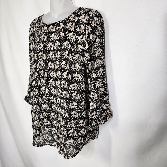 Pixley Womens Top Blouse Size Small Elephant Print 3/4 Roll Tab Sleeve Black Tan - Picture 5 of 10